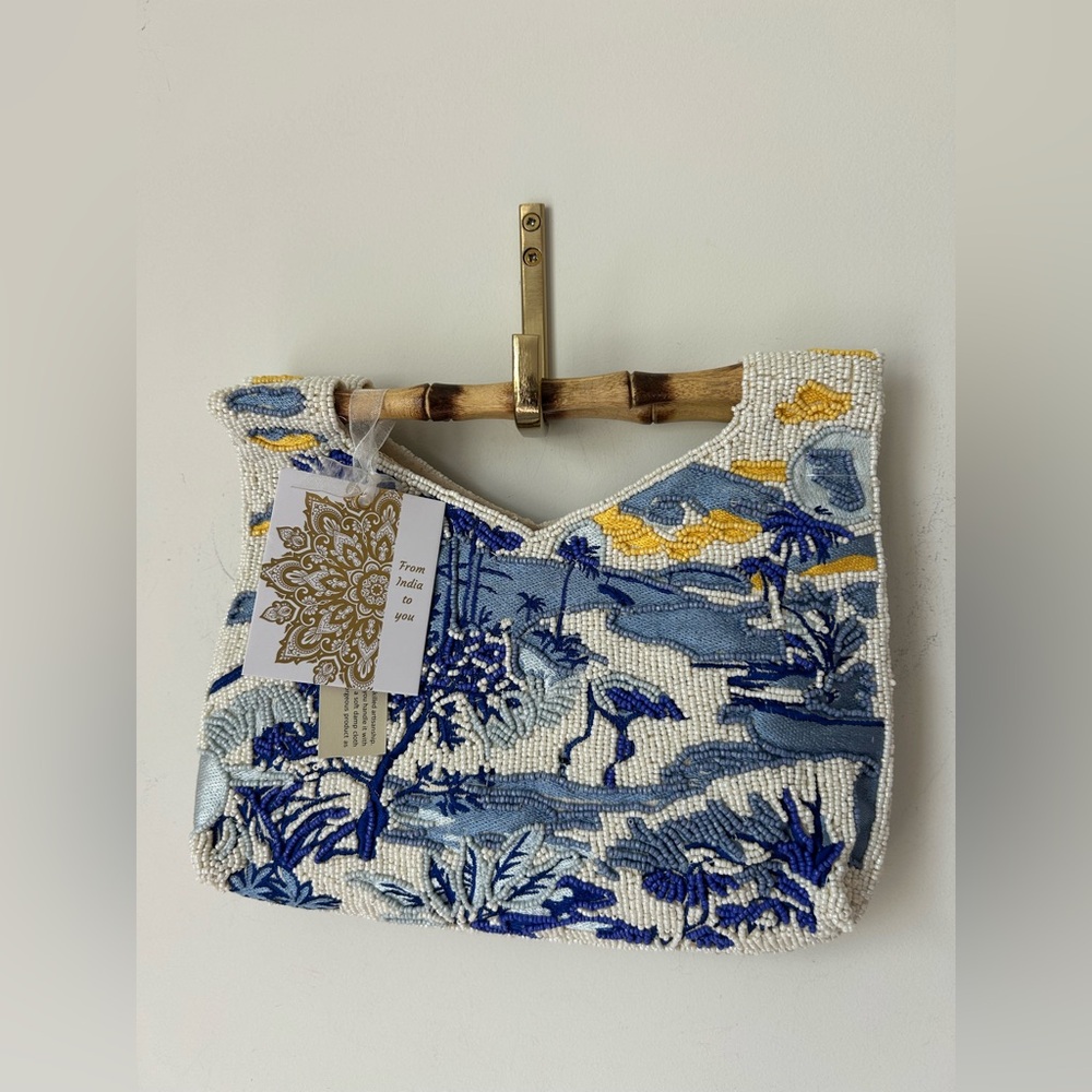 Viral Blue and White Beaded Bag with Bamboo Handle